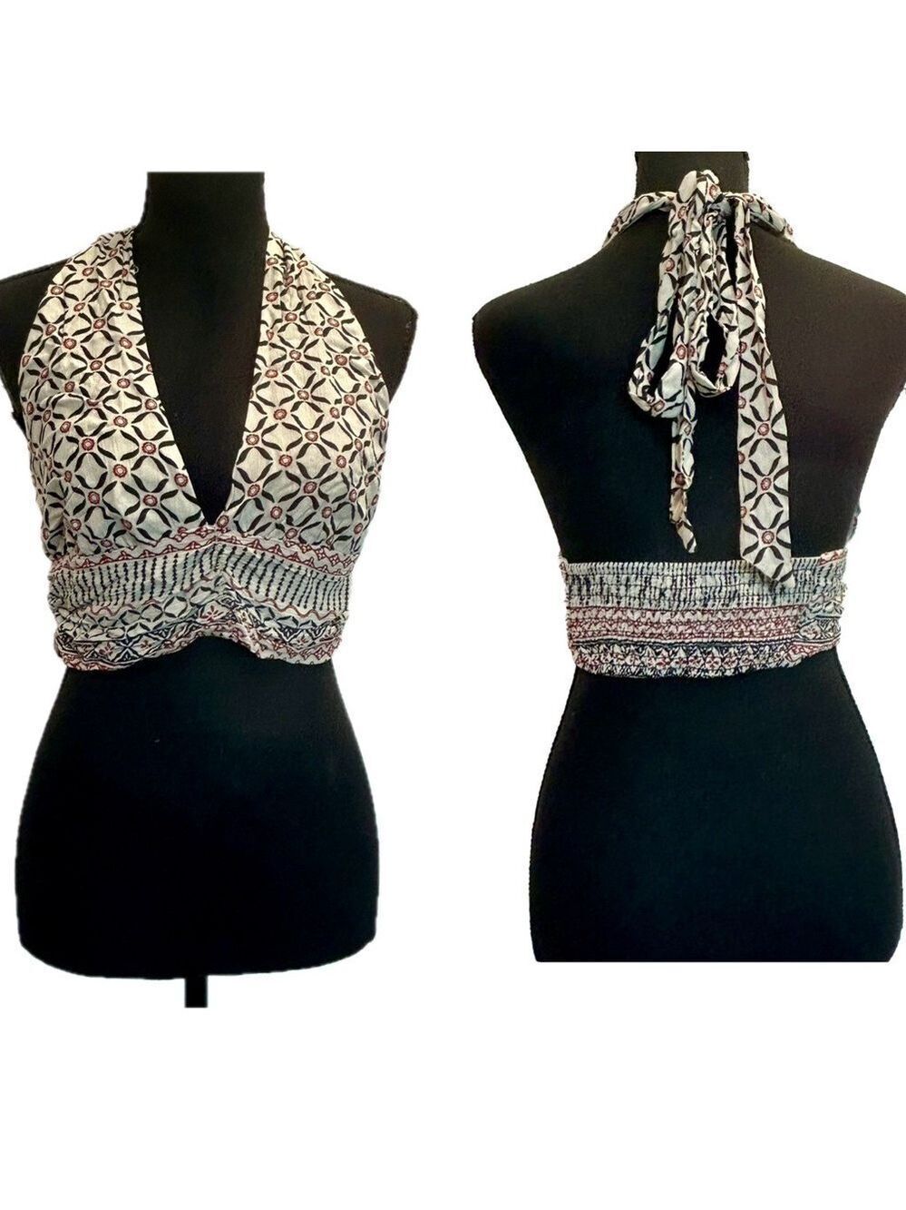 Pull&Bear cream red printed BoHo bohemian halter top crop top smocked back NWOT